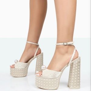 Satin Pearl Open Toe Block Platform Heels